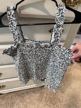 Old Navy Navy and White Smocked Floral Tank Top